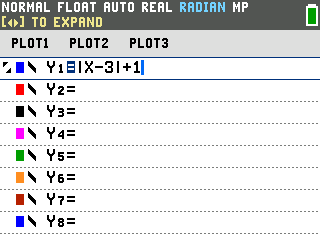 The TI-84 Evo Y= list showing Y1 equals absolute value of X minus 3, plus 1, with the plus 1 outside the bars