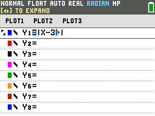 The TI-84 Evo Y= list with X minus 3 typed inside the absolute value bars, cursor still between them