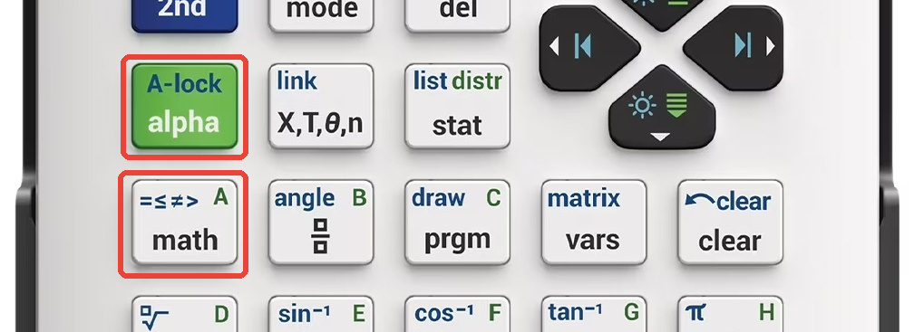 TI-84 Evo keyboard with the alpha key and the math key highlighted, showing the green letters above the keys