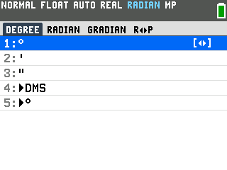 The TI-84 Evo angle menu with option 1, the degree symbol, highlighted