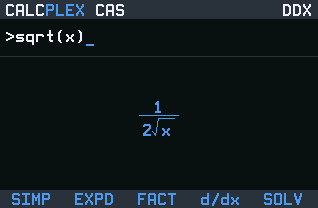 CalcPlex CAS showing the derivative of the square root of x as a stacked fraction on a TI-84 Evo