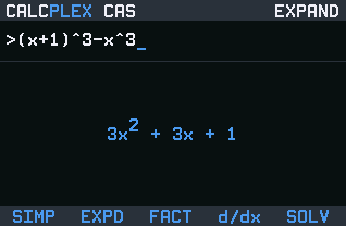 CalcPlex CAS expanding (x+1) cubed minus x cubed on a TI-84 Evo