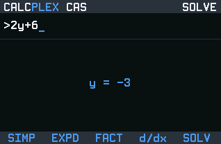 CalcPlex CAS solving 2y+6=0 on a TI-84 Evo