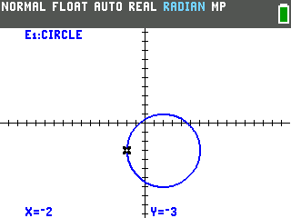 The TI-84 Evo tracing the circle, with the cursor on the left edge and X equals negative 2, Y equals negative 3 shown at the bottom