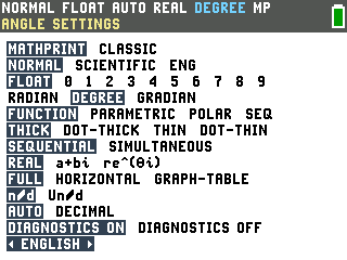 The TI-84 Evo mode menu with DEGREE selected and the status bar showing DEGREE