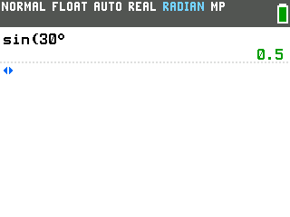 The TI-84 Evo in radian mode showing sin(30°) = 0.5 thanks to the degree symbol
