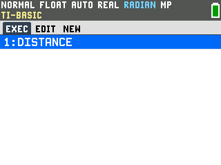 TI-84 Evo TI-Basic program list showing 1: DISTANCE