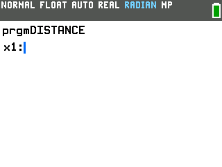 Distance Formula program on the TI-84 Evo asking for the x1 coordinate