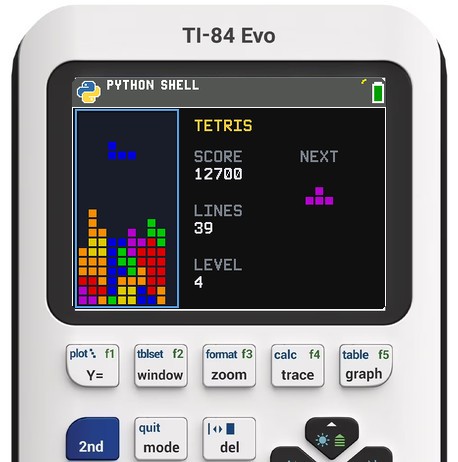 A TI-84 Evo running Tetris in the Python shell