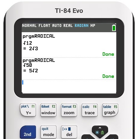 TI-84 Evo running the Radical Simplifier program