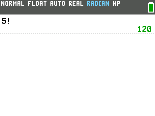 The TI-84 Evo showing 5! evaluated to 120