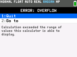 The TI-84 Evo showing an ERROR: OVERFLOW screen after entering 70!