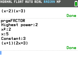Factoring Polynomials program rerun on the TI-84 Evo, factoring 2x squared plus 5x plus 3 into (x+1)(2x+3)