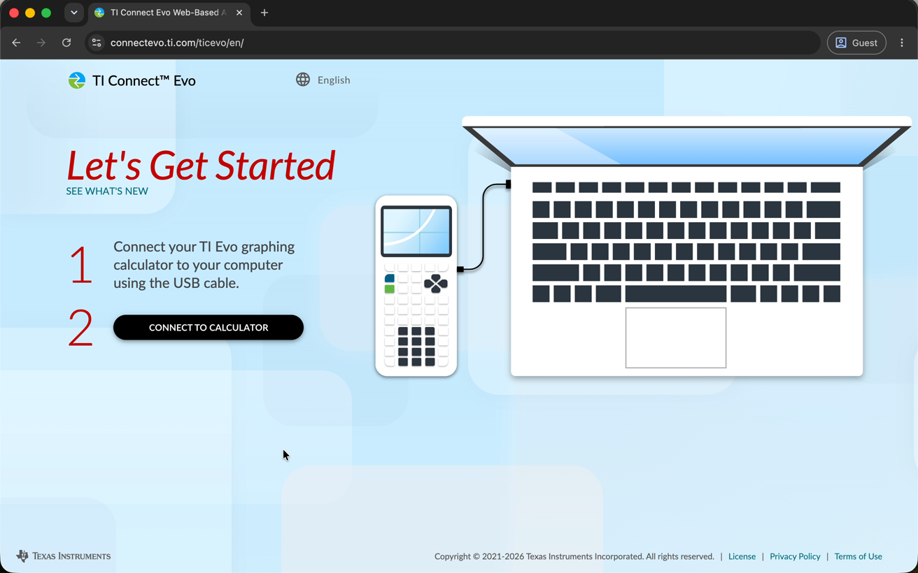 The TI Connect Evo start page with the CONNECT TO CALCULATOR button
