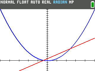 The TI-84 Evo graphing the parabola and line in a custom window, x from -5 to 5 and y from -5 to 25