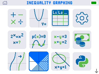 The TI-84 Evo app grid with the Inequality Graphing icon highlighted and INEQUALITY GRAPHING named in the title bar