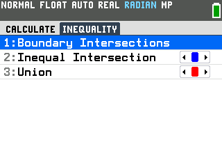 The INEQUALITY tab of the TI-84 Evo calc menu with Boundary Intersections, Inequal Intersection and Union
