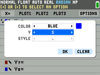 The Inequality Graphing settings box on the TI-84 Evo with the relation row set to less than or equal