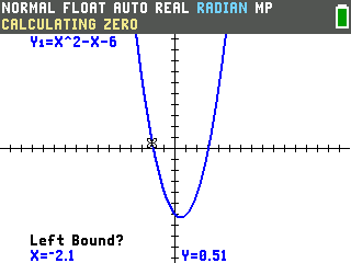 The TI-84 Evo asking Left Bound with the cursor walked to x equals negative 2.1, just left of the x-intercept