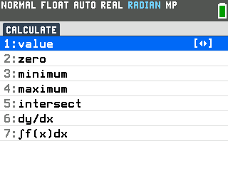 The TI-84 Evo CALCULATE menu listing value, zero, minimum, maximum, intersect