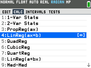 The TI-84 Evo STAT CALC menu with item 4 LinReg open parenthesis a x plus b highlighted