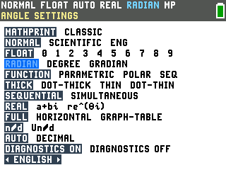 The TI-84 Evo MODE screen with DIAGNOSTICS set to ON