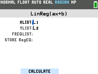 The TI-84 Evo LinReg setup screen with XLIST L1, YLIST L2, and a CALCULATE button above the zoom key
