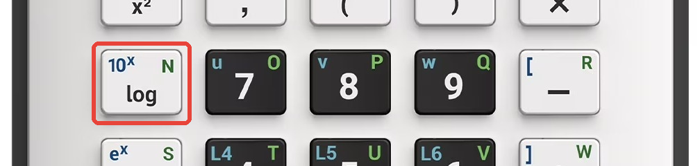 The log key highlighted on the TI-84 Evo keyboard, with the ln key just below it
