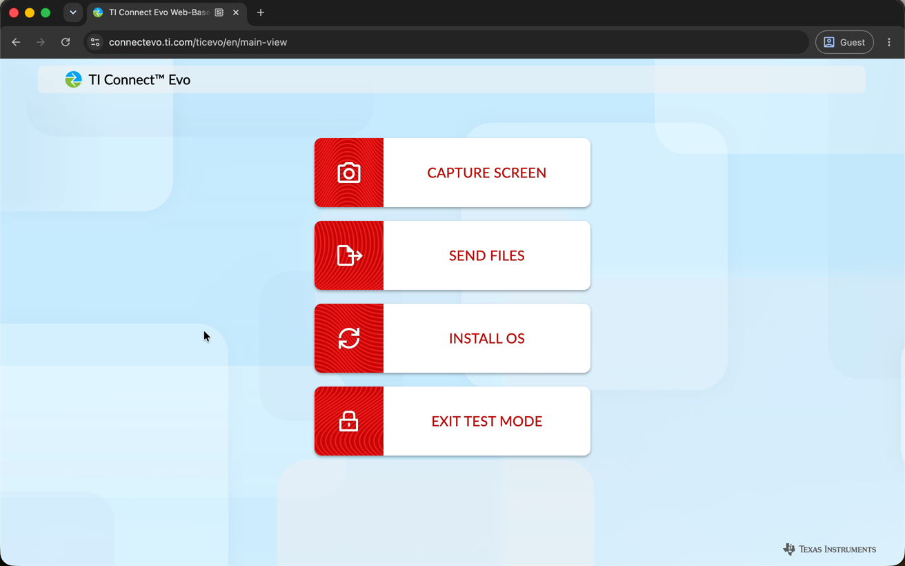 TI Connect Evo's main menu: Capture Screen, Send Files, Install OS, and Exit Test Mode