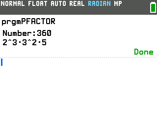 Prime Factorization program on the TI-84 Evo factoring 360 into 2 cubed times 3 squared times 5