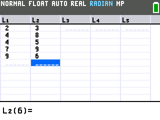 The TI-84 Evo STAT list editor with 2, 4, 4, 7, 9 in L1 and 3, 8, 5, 9, 6 in L2