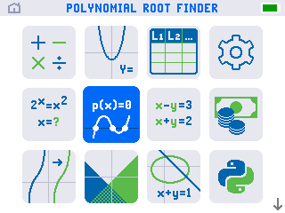 The TI-84 Evo app grid with the p(x)=0 icon highlighted and POLYNOMIAL ROOT FINDER named in the title bar