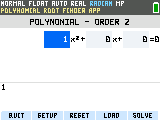 The TI-84 Evo Polynomial Root Finder coefficient screen showing 1x squared plus 0x plus 0 equals 0