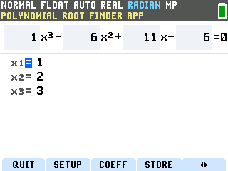 The TI-84 Evo Polynomial Root Finder solving x cubed minus 6x squared plus 11x minus 6 equals 0, giving roots 1, 2 and 3
