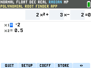 The TI-84 Evo Polynomial Root Finder results with x2 shown as 0.5 instead of one half