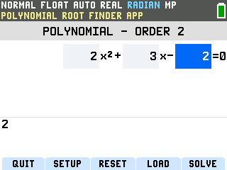 The TI-84 Evo Polynomial Root Finder showing 2x squared plus 3x minus 2 equals 0 fully entered