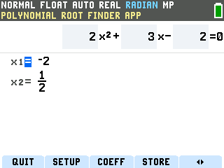 The TI-84 Evo Polynomial Root Finder results screen showing x1 equals negative 2 and x2 equals one half as a stacked fraction