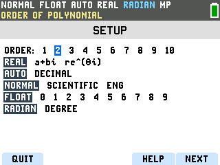 The TI-84 Evo Polynomial Root Finder SETUP screen with ORDER set to 2
