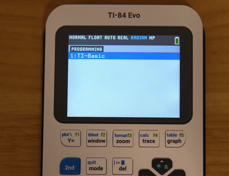 A TI-84 Evo showing the PROGRAMMING menu with only 1:TI-Basic listed, meaning the Python app is missing
