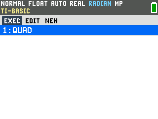 TI-84 Evo TI-Basic program list showing 1: QUAD