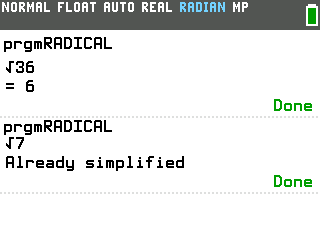 Radical Simplifier on the TI-84 Evo: 36 becomes 6, and 7 is already simplified