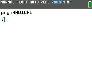 Radical Simplifier running on the TI-84 Evo, showing a square root prompt