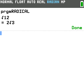 Radical Simplifier on the TI-84 Evo showing 12 simplified to 2√3