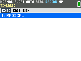 TI-84 Evo TI-Basic program list showing 1: RADICAL