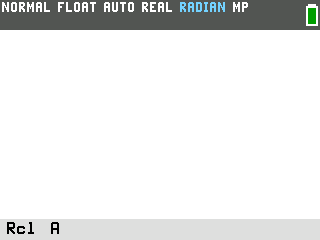 The TI-84 Evo showing the Rcl A prompt at the bottom of the screen