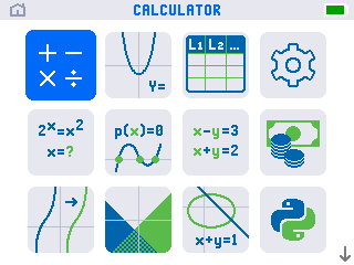 The TI-84 Evo app grid with every built-in app present, including Python and the Polynomial Root Finder