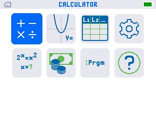 The TI-84 Evo app grid after a full memory reset, showing only eight icons and no Python or Polynomial Root Finder