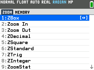 The TI-84 Evo ZOOM menu with ZStandard as option 6