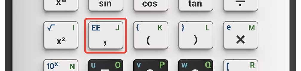 TI-84 Evo keyboard with the comma key highlighted and EE printed in blue above it