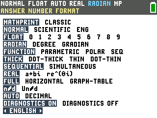 The TI-84 Evo mode menu with the second row showing NORMAL, SCIENTIFIC, and ENG